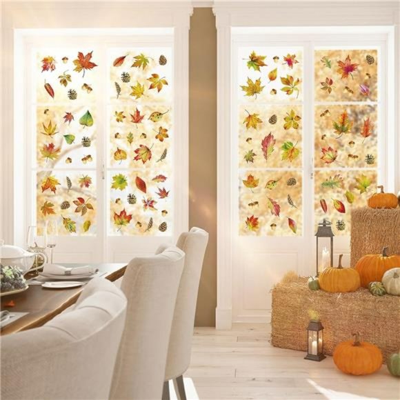 Thanksgiving Window Clings 6 Sheets Maple Leaves Pine Cones Window Sticker - Picture 3 of 7